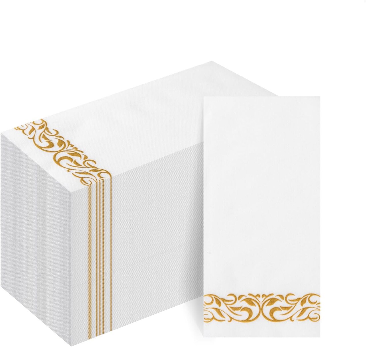 100-Pack Linen-Feel Disposable Guest Towels, White with Gold Design